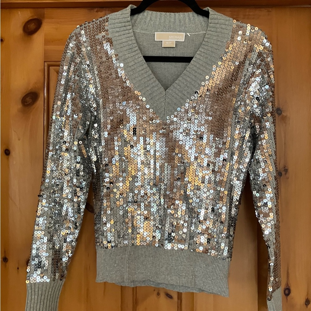 Michael Kors Sequin V-Neck Sweater - Silver